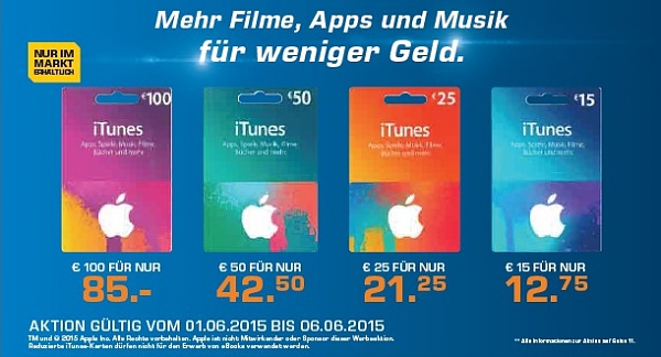 SATURN, Medimax und Real: 15% Rabatt auf iTunes-Karten sparen