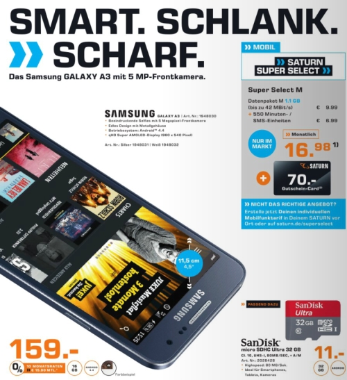 SATURN Online Prospekt: Samsung Galaxy A3 fr 159.- Euro + 5 Gutschein
